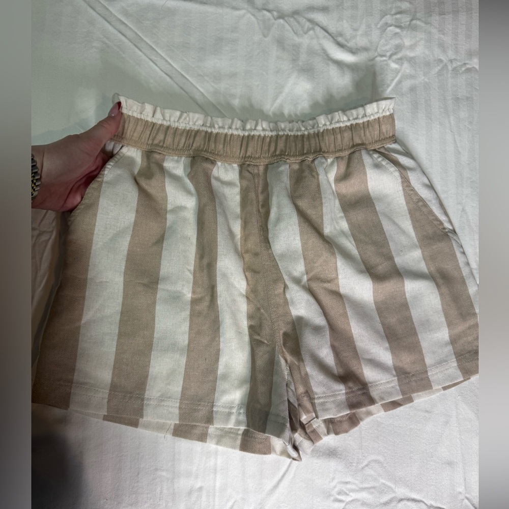 Love Notes Beige and White Striped High Waist Shorts